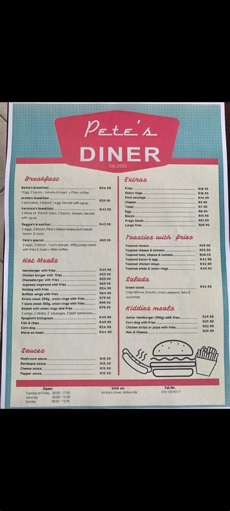 Pete's diner - Pete's Restaurant offers a variety of dishes for breakfast and lunch, from eggs and pancakes to burgers and salads. See the menu prices, specials, and desserts on their website. 